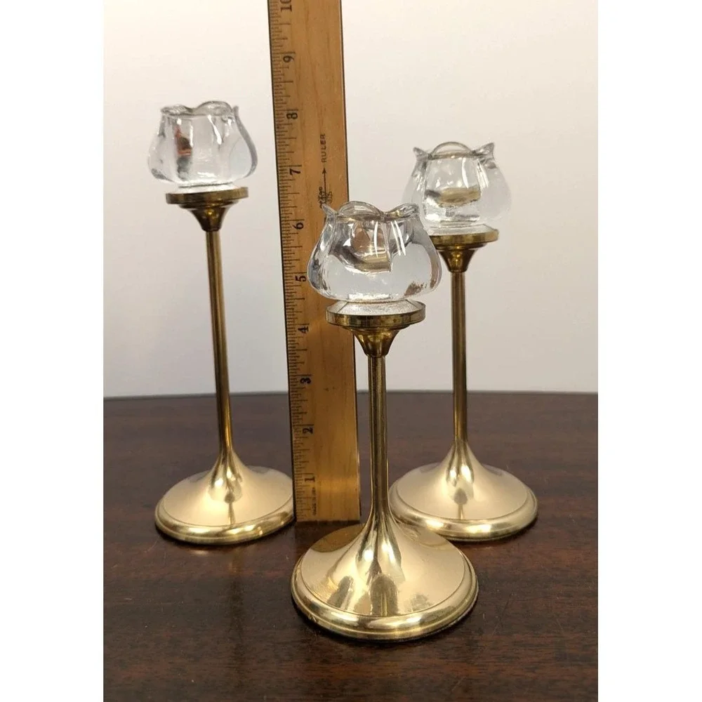 Vintage Graduated Brass Candlestick Holders Set 3 Glass Tulip Votive Cups Gold